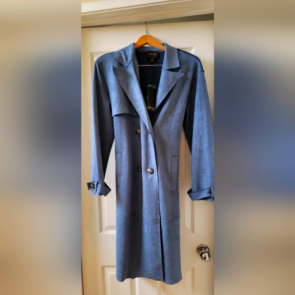 Faux Leather Stylish Blue Long Coat. New With Tags.